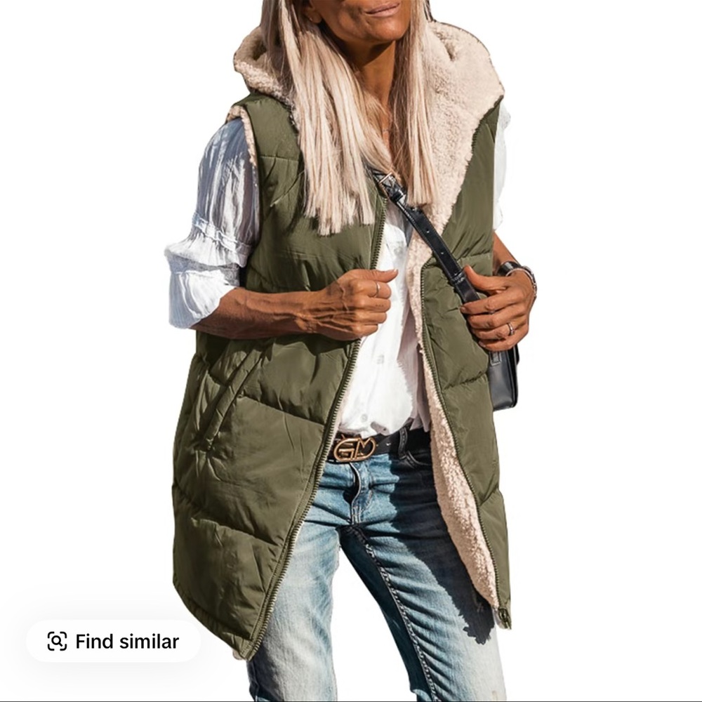 Olive Green Hooded Puffer Vest with Faux Fur Lining